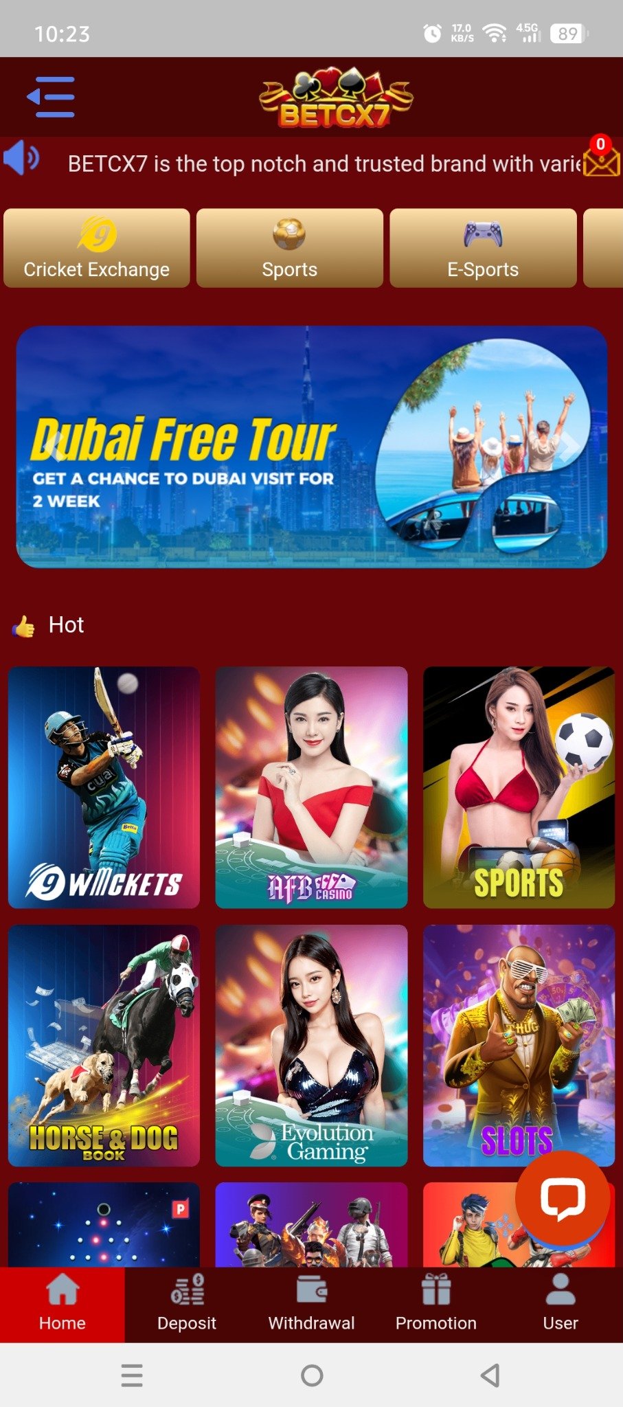 BetCX7 Pakistan mobile home screen