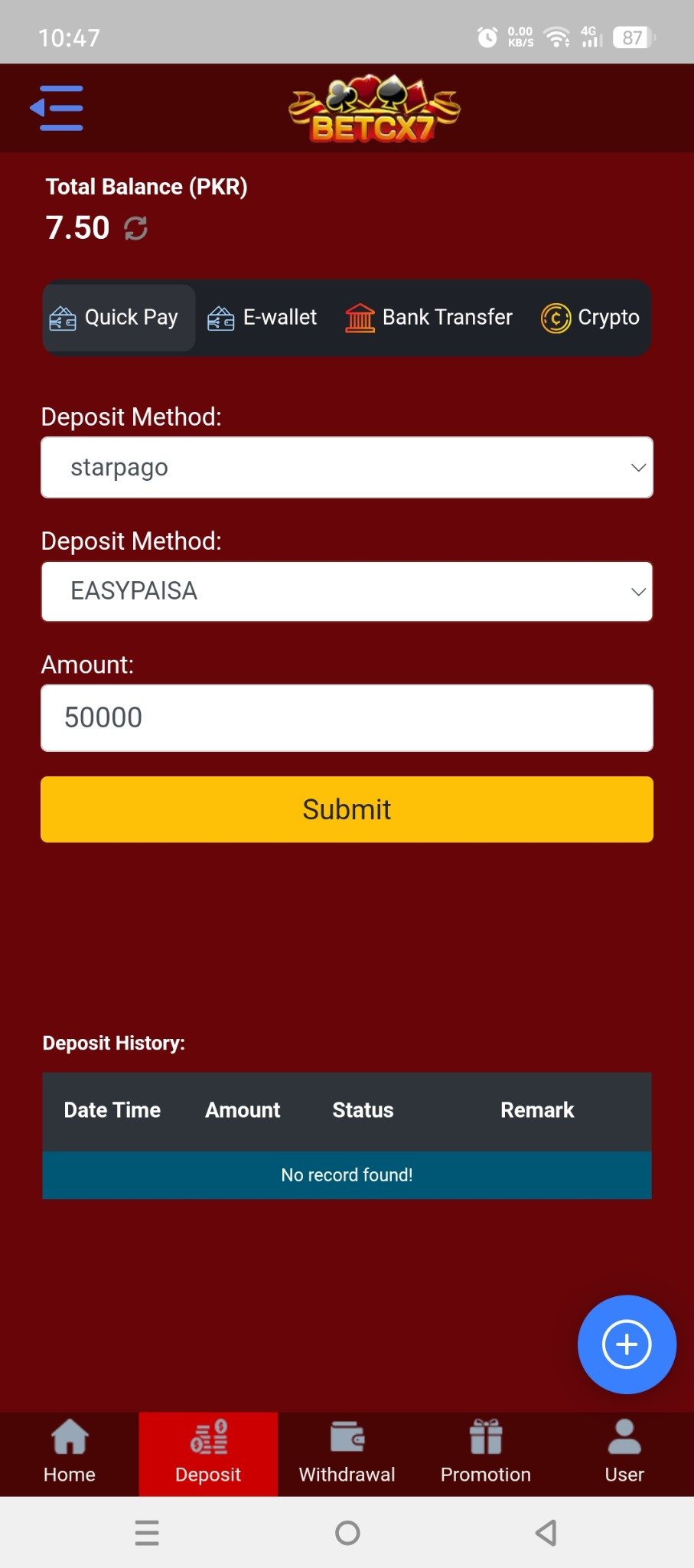 BetCX7 payment screen