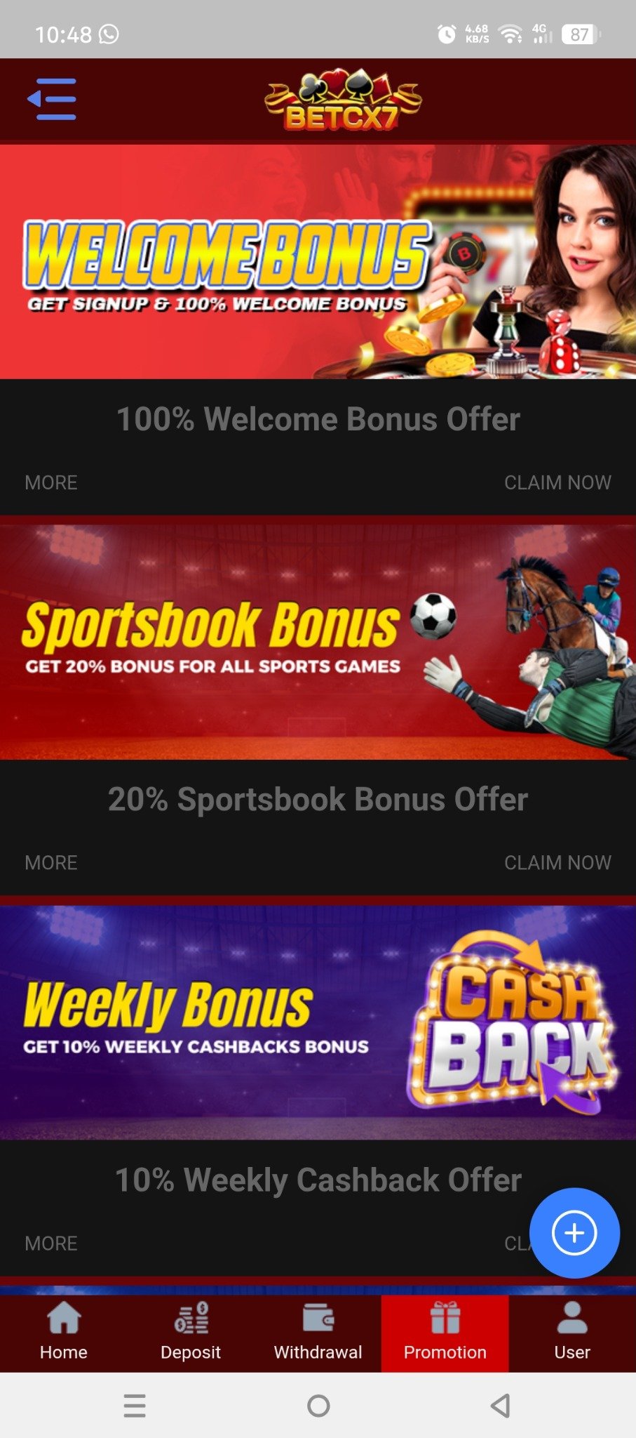BetCX7 promotions screen showing welcome, sportsbook and weekly cashback offers